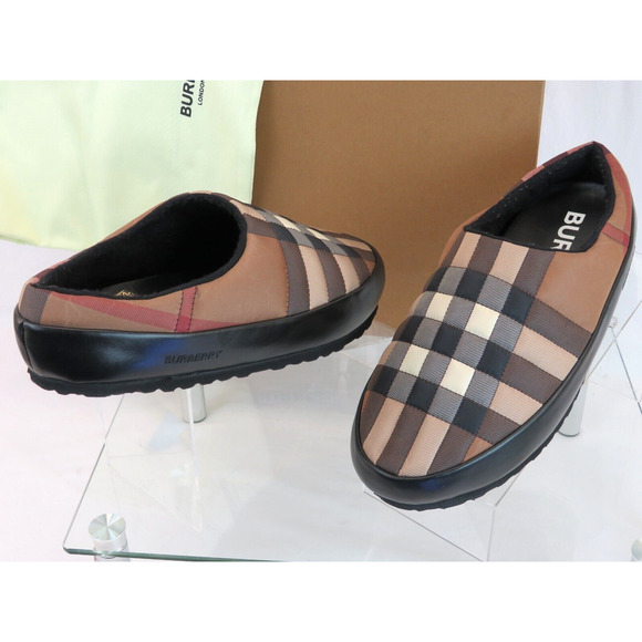 $620 BURBERRY NORTHAVEN BROWN QUILTED CHECK BLACK LEATHER LOGO SLIPPERS 44 US 11 - Picture 2 of 14